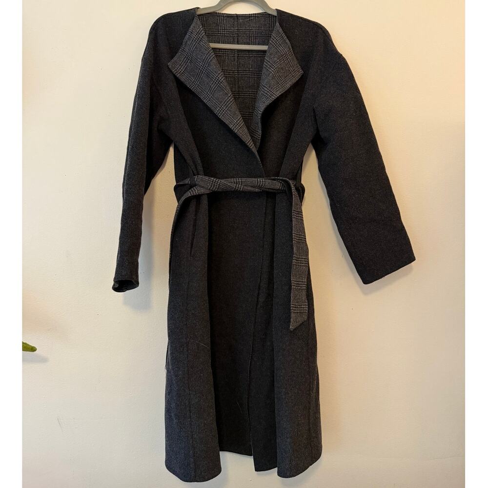 Uniqlo Reversible Gray Plaid Wool Blend Belted Wrap Coat Size S